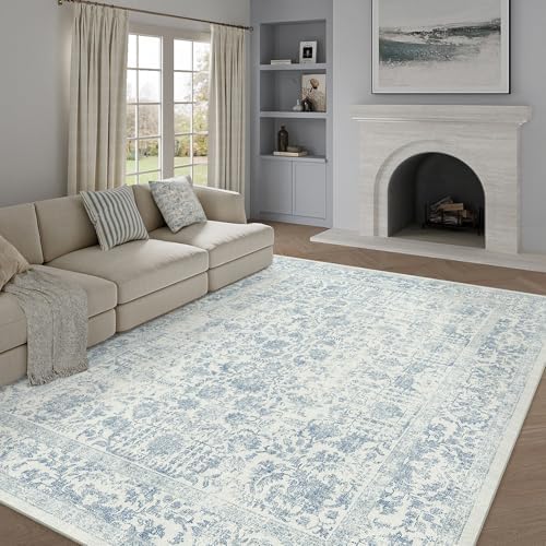 Blue Area Rug 8x10 Machine Washable Large Vintage Living Room Distressed Non Slip Carpet Traditional Indoor Bedroom Retro Floral Accent Throw Rug for Office Kitchen Dining Room