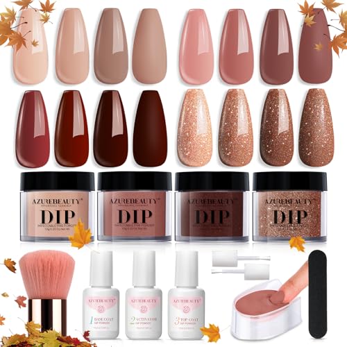 AZUREBEAUTY Dip Powder Nail Kit Starter, 4 Colors Skin Nude Brown Glitter, Acrylic Dipping Powder Liquid Set with Base/Top Coat Activator for Daily French Nail Art Manicure DIY Gift 12 Pcs