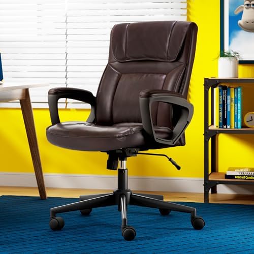 Serta Hannah Executive Home Office Desk Chair, Ergonomic Mid-Back with Lumbar Support, Firm Seat Cushion, Layered Body Pillows, Padded Armrests, Swivel Base, Easy Assembly, Faux Leather, Brown