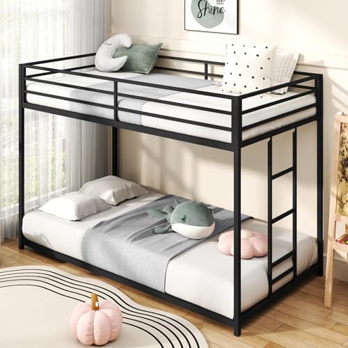 Twin Over Twin Bunk Bed, Metal Low Profile Bunkbeds with Full-Length Guardrail and Ladder, Space Saving, No Boxing Spring Needed, Black
