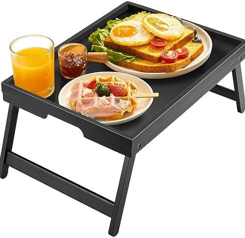 Bed Tray Table with Folding Legs Wooden Serving Breakfast in Bed or Use As a Platter Tray by Pipishell (Black)