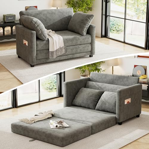 51" Loveseat Sleeper Sofa Bed, Chenille Convertible Floor Sofa Bed for Small Spaces, Folding Couch Bed with Deep Seat, 2 Pillows & Solid Frame, Pull Out Floor Couch for Living Room, Grey