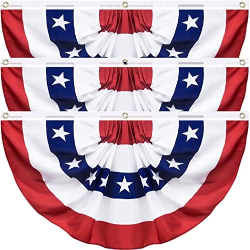 3 Pack USA Pleated Fan Flag, 3 X 6 Feet American US Patriotic Half Fan Bunting Flag Decoration, 4th of July Decorations Memorial Independence Day Fourth July Outdoor Decor