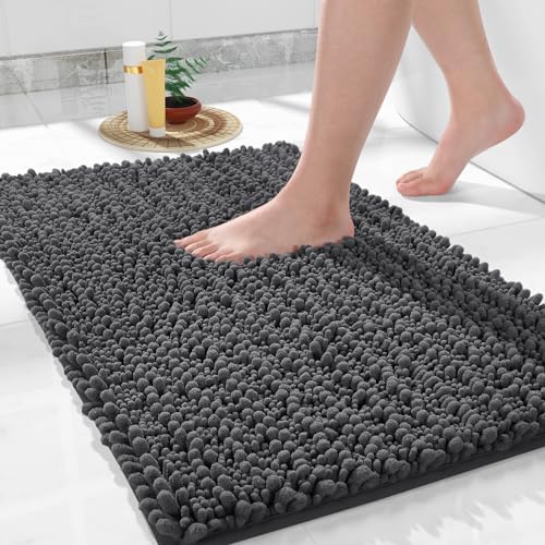 Yimobra Bath Rug Mat, 32 x 20, Soft Shaggy Non-Slip Chenille Bathroom Rugs, Large Size, Super Absorbent and Thick, Machine Washable Bathroom mat, Tub and Shower, Home Decor Accessories, Dark Gray