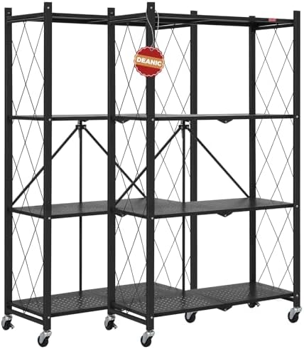 DEANIC 4 Tier Foldable Storage Shelves with Wheels, Large Capacity Shelving Unit, Freestanding Metal Wire Shelf Rack, No Assembly Organizer Rack for Garage Kitchen, Basement, Pantry(Black Pack of 2)