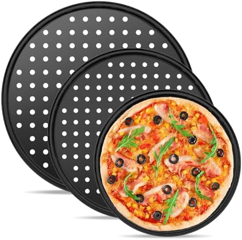 3PCS Round Pizza Pan with Holes, Nonstick Pizza Tray for Oven 9Inch, 11Inch, 12 Inch, Pizza Baking Pans, Perforated Carbon Steel Pizza Bakeware for Home Restaurant Kitchen Baking