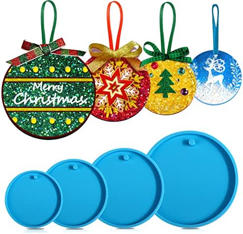 Juome Christmas Ornaments Resin Molds Silicone, 4 Pcs Round Shape Pendant Christmas Molds for Epoxy Resin, DIY Crafts Keychain Making Christmas Tree Decorations
