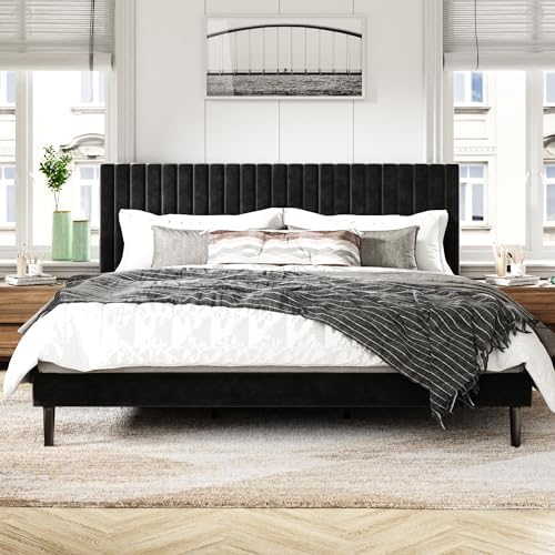 King Size Bed Frame with Velvet Upholstered Headboard, Platform Bed with Strong Wood Slats, Mattress Foundation, Box Spring Optional, Easy Assembly, Black