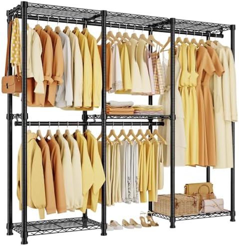 Portable Closet Heavy Duty Clothes Rack, Freestanding Clothing Racks for Hanging Clothes, Adjustable Garment Wardrobe Rack with 4 Hang Rods & Shelves ,73.6" L x 17.3" W x 76.4" H, Black