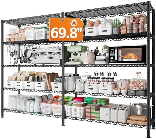 REIBII 1600LBS Storage Shelves 69.8''W Metal Shelving 5 Tier Wire Shelving Unit,Pantry Shelves Kitchen Shelves Adjustable Wire Commercial Shelf for Garage Storage Shelves, 69.8" Wx15.8 Dx72.4 H, Black