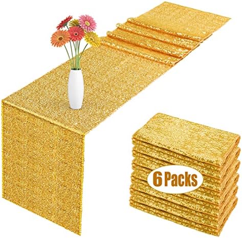 6 Pack Sequin Table Runner Gold, 12 x 108 inch Glitter Gold Table Runner for Rectangle Table for Birthday, Wedding, Banquet, Holiday Party Decorations & Baby Shower