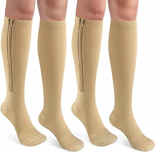 CASMON 2 Pairs Zipper Compression Socks for Women & Men, 15-20 mmHg Closed Toe Knee High Support Sock with Zipper for Varicose Vein Edema