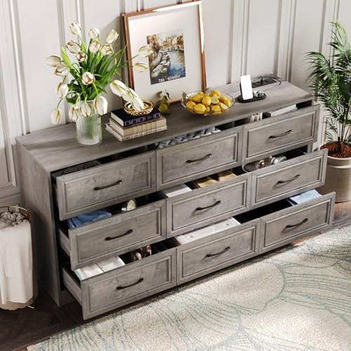 Fameill Dresser for Bedroom, 9 Drawer Wide Dresser Organizer with Charging Station, Tall Dresser for Hallway, Wood Dresser with Metal Handles, Ash Grey