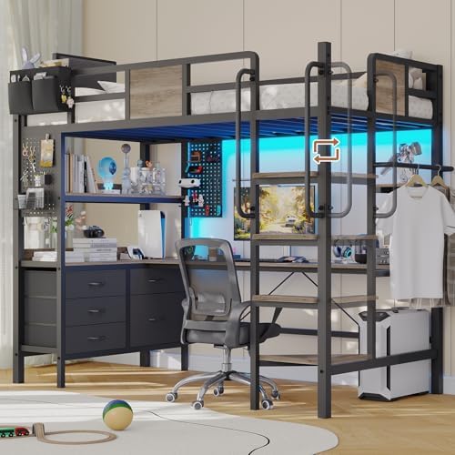 Twin Loft Bed with Desk and 5 Storage Drawers,Loft Bed Twin Size with LED Lights and Charging Station, Metal Bunk Bed Frame with Ladder, Clothes Rail,Noise Free,Oak Gray