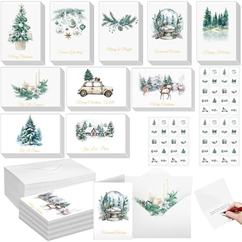 100 Sets Christmas Cards with Envelopes and Stickers Christmas Cards Assortment Bulk Greetings for Xmas New Year Party Supplies 10 Designs, 6 x 4 Inch (Neutral Green)
