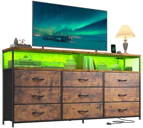 55" W Dresser for Bedroom with 9 Drawers, LED TV Stand with Power Outlets for 45, 55, 65 Inch TV, Sturdy Long Chest of Drawers with Extra 2 Wooden Shelves, Rustic Brown