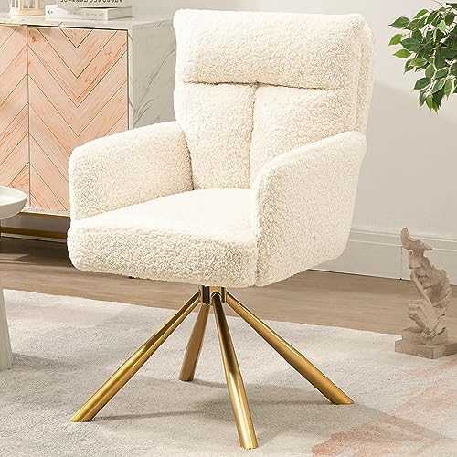 Teddy Office Desk Chair No Wheels, Modern Vanity Chair with Gold Legs, Boucle Accent Chair, Wide Seat Computer Task Reading Armchair for Home Office (Beige)