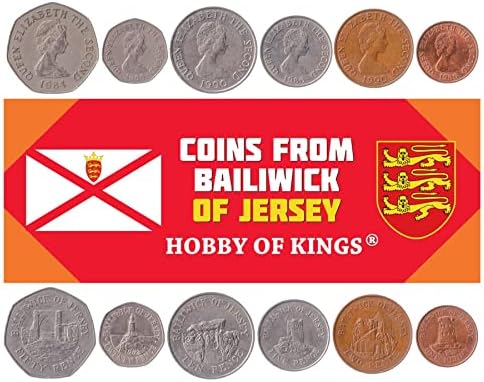 6 Coins from Jersey | Islander Coin Set Collection 1 2 5 10 20 50 Pence | Circulated 1980-1992 | Le Hocq Watch Tower | Elizabeth II | Seymour Tower | La Corbière Lighthouse | Grosnez Castle