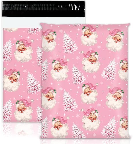 100Pcs Christmas Poly Mailers Pink Xmas Tree Santa Packing Bags With Self Sealing Decorative Envelope Mailers For Small Business Clothing, 14.5 x 19 Inch