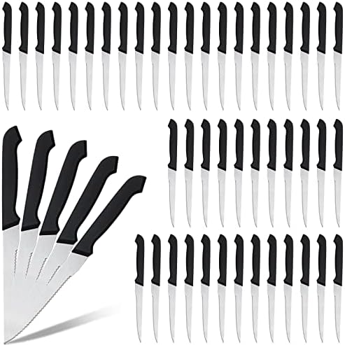 Therwen 50 Pieces 8.8 Inch Serrated Steak Knife Set Pointed Tip Stainless Steel Steak Knife Sharp Blade Flatware for Kitchen Restaurant Camping