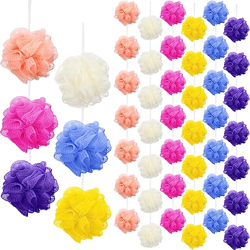 50 Pieces Bath Sponge Shower Loofahs Bulk Bath Luffas Exfoliating Body Scrubber Pack Colorful Mesh Balls Travel Cleaning Wash Puff Bathing Accessories for Kids Women Men Body Wash, 6 Colors