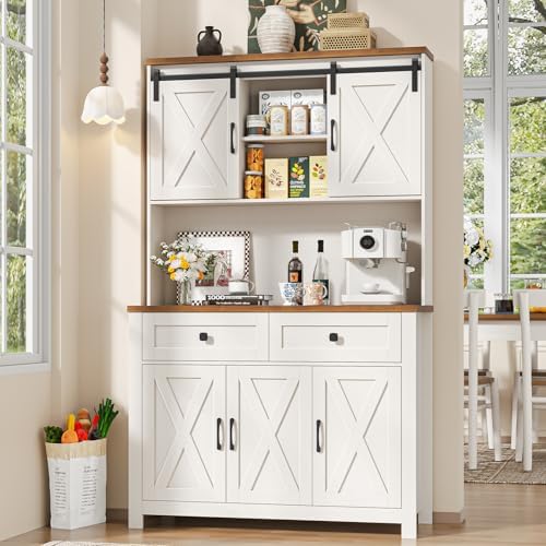 67.7 Inch Farmhouse Pantry Storage Cabinet with Sliding Barn Doors, 2 Drawer Farmhouse Coffee Cabinet with Adjustable Shelf, Side Board with Buffet Cupboard for Livingroom Kitchen, White