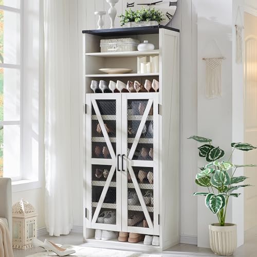 JXQTLINGMU Farmhouse Shoe Cabinet, 72" Tall with Mesh Doors and Adjustable Shelves, Rustic Wooden Shoe Organizer, Modern Large Shoe Storage for Entryway, Off White