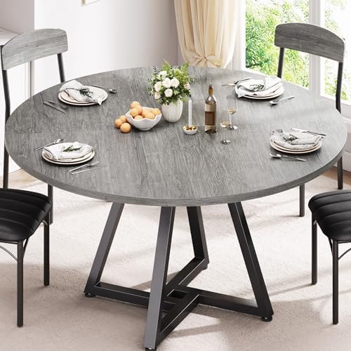 42â€œ Round Kitchen Dining Room Table for 2-4, Circle Dining Dinner Table with Pedestal Metal Frame, Space Saving Wood Industrial Furniture for Small Space (Grey, 42IN)