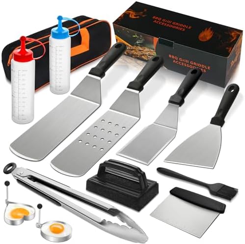 14PCS Griddle Accessories Kit, Flat Top Grill Accessories Set for Blackstone and Camp Chef, Grill Spatula Set with Enlarged Spatulas, Scraper for Outdoor Barbecue