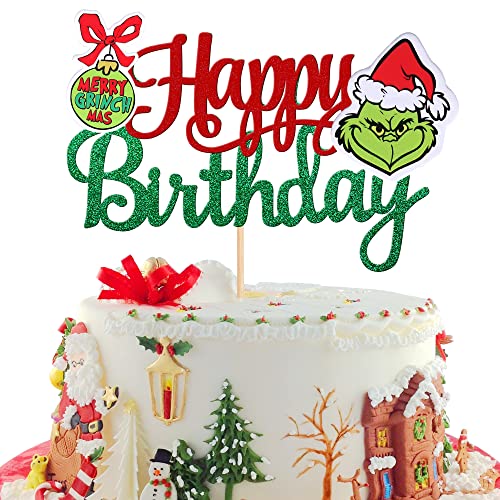 1 PCS Glitter Green Monster Happy Birthday Cake Topper Assembled Merry Christmas Cake Pick for Christmas Theme Baby Shower Kids Birthday Party Cake Decorations Supplies