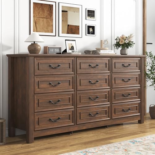 Farmhouse 12 Drawer Dresser for Bedroom, 63” Wood Chest of Drawers with Rustic Handles, Wide Closet Dressers Organizer, Living Room, Hallway, Bedroom Furniture, Rustic Brown