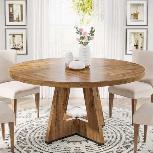 Tribesigns Round Dining Table Wood Kitchen Table for Dining Room, 47" Dinning Room Tables for 4 Adult, Farmhouse Dinner Table with Wooden Tabletop and Cross Base, Burlywood