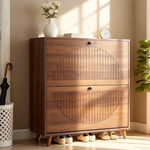 Shoe Cabinet Storage for Entryway 37.4" Narrow Wood Shoe Rack Cabinet with 2 Flip Drawers, Freestanding Hidden Shoe Organizer with Fluted Panel for Tight Hallway, Living Room (Walnut)