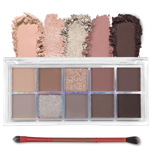 Erinde 10 Color Eyeshadow Palette Makeup - Matte Shimmer Glitter Eye Shadow, Ultra-Blendable, High Pigmented, Naturing-Looking, Neutral Nude Eyeshadow Palette with Professional Brush, Fog Gray