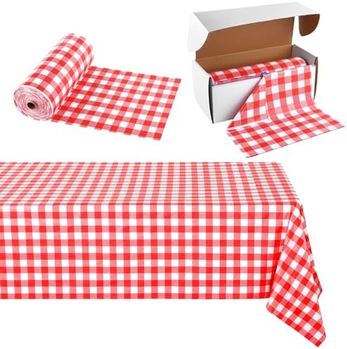 54 Inch x 300 Ft Red Checkered Plastic Table Cloth Roll Disposable Waterproof Table Cover with Easy Slide Cutter for Outdoor Picnic/Home Dining/Spring Party