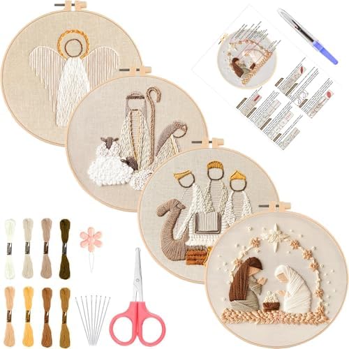 4 Set Nativity Scene Embroidery kit, Christmas Cross Stitch Kits, Beginner Embroidery Kit for Adults, DIY Embroidery Kit for Decor Home Room(Christmas Embroidery C 4 Set)