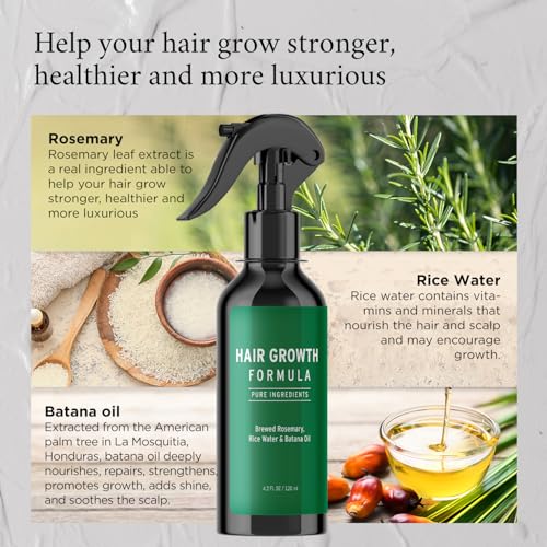 Rosemary Water Spray for Hair Growth, Rosemary Hair Growth Scalp Spray With Rice Water & Batana Oil, Biotin, Citrus Peel and Mint to Strengthen Strands and Promote Hair, 4.2 fl oz