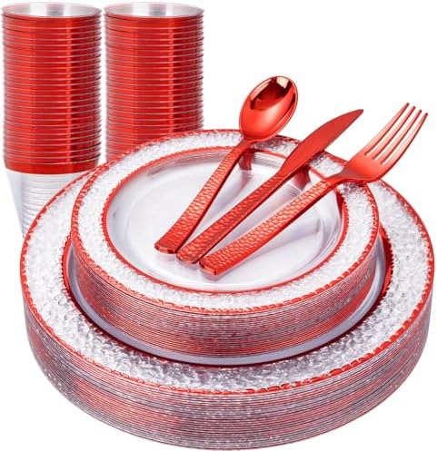 Ciaell 150 PCS Red Plastic Plates – Clear Hammered Disposable Plates with Red Rim include 50Plates, 25Forks, 25Knives, 25Spoons, 25Cups for Wedding & Party & Anniversary & Christmas