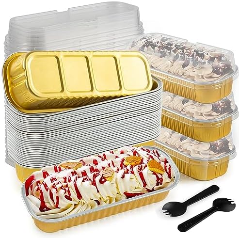 60Pcs Mini Loaf Pans with Lids and Spoons, Aluminum Foil Baking Pans, Rectangle Mini Cake Pans, Brownie Baking Cups for Picnics Party (Gold)