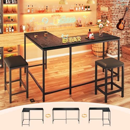 Bar Table and Chairs Set for 2-4, 63'' Convertible L-Shaped Kitchen Table with Power Outlets, 3 Piece Counter Height Small Dining Table with 2 Stools, Space Saving, Breakfast Nook Corner, Black