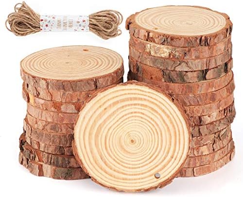 ilauke Natural Wood Slices 30Pcs 3.1''-3.5'' Unfinished Wood Crafts with Pre-drilled Hole, Wood Slices Ornaments for DIY Rustic Christmas Crafts Wooden Circles Coasters Wedding Decor, 33 Feet Twine
