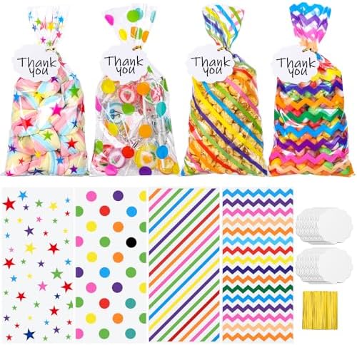 woric 100 Set Rainbow Cellophane Treat Bags Clear Candy Party Favor Bags with 100 Gift Tags and Twist Ties for Rainbow Colorful Party Decorations Baby Shower Christmas Stocking Stuffers