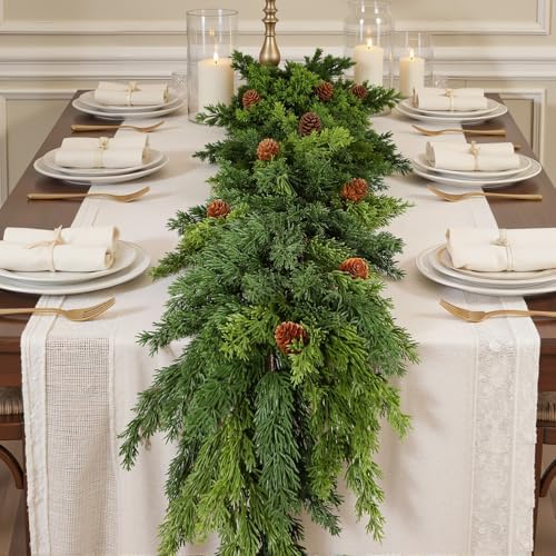 2PCS 6FT Christmas Garland, Cedar Garland -Realistic Greenery Cypress Pine Garland with Pinecones for Mantle Table Railing Fireplace Indoor & Outdoor Christmas Decoration