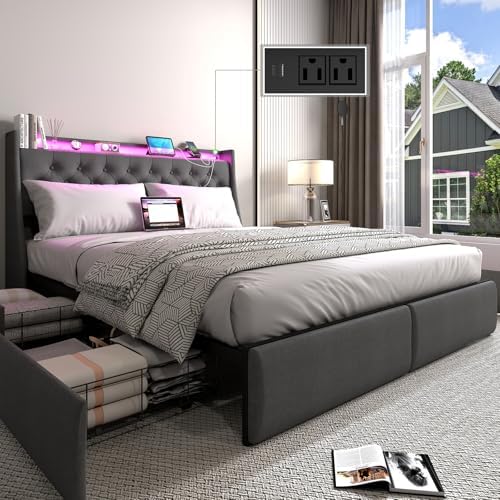 Full Size Bed Frame with 4 Storage Drawers and LED Lights, Full Bed Frame with Upholstered Headboard and Charging Station, Steel Slat Support, No Box Spring Needed, Noise-Free, Easy Assembly, Gray