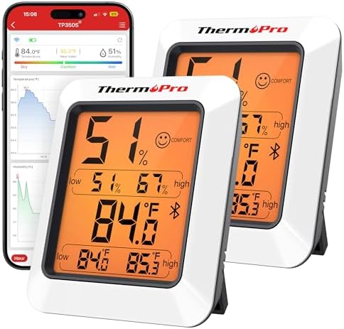 ThermoPro Hygrometer Thermometer for House TP350, Bluetooth Room Indoor Greenhouse Thermometer Monitor Up to 260FT, Backlit Humidity Meter Temperature Sensor with 2-Year Data Export, 2 Pack