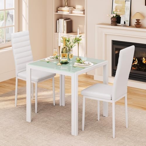 Gizoon 3 Piece Glass Dining Table Set, Kitchen and Chairs for 2, PU Leather Modern Room Sets for Home, Kitchen, Living Room
