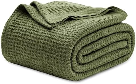 Bedsure 100% Cotton Blanket Queen Size for Bed - Breathable and Soft, Waffle Weave Blanket for Summer Spring, Olive Green, 90x90 Inches
