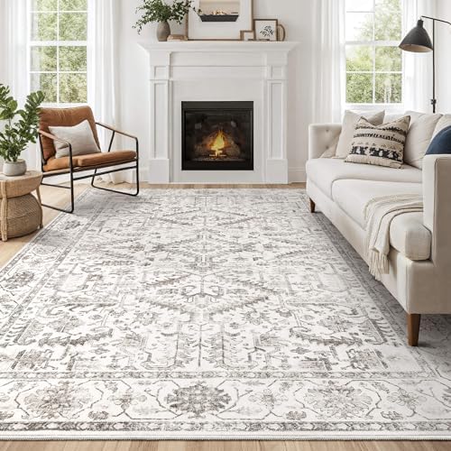Area Rugs 9x12 for Living Room - Washable Soft Large Vintage Rug Non-Slip Stain Resistant Traditional Stain Resistant Indoor Floor Low Pile Carpet for Bedroom Dining Room or Home Office - White