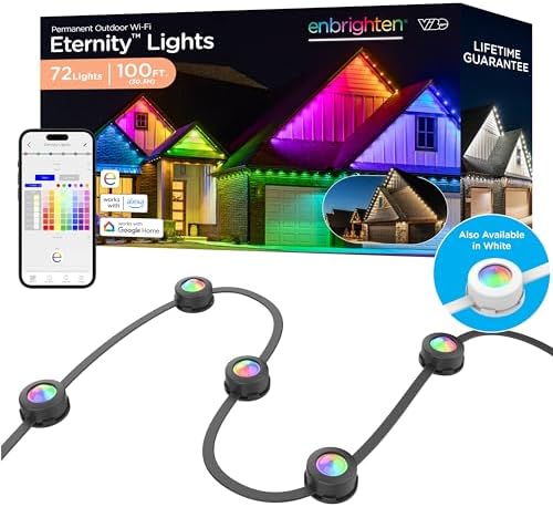 Enbrighten VIBE Eternity Permanent Outdoor Lights, 100ft, 72 RGBWIC LEDs, Smart Everyday Accent Lights, IP67 Waterproof, Works with Alexa, Google Home, Black, 82730