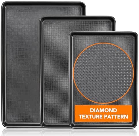 Tiawudi Baking Sheet Pan Set, Nonstick Cookie Sheet for Oven, Carbon Steel Half, Jerry Roll Pan with Diamond Texture Pattern, 0.8mm Thick Heavy Duty Baking Tray, Set of 3